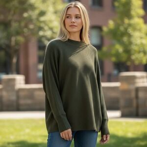 Korye Women Olive Green Ribbed Mock Neck Dolman Sleeve Top XL Oversized Gorpcore